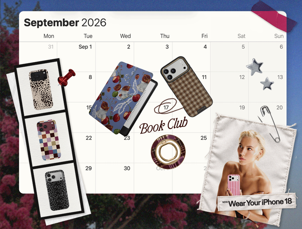 September 2026 calendar surrounded by patterned phone cases, jewellery and lifestyle imagery.