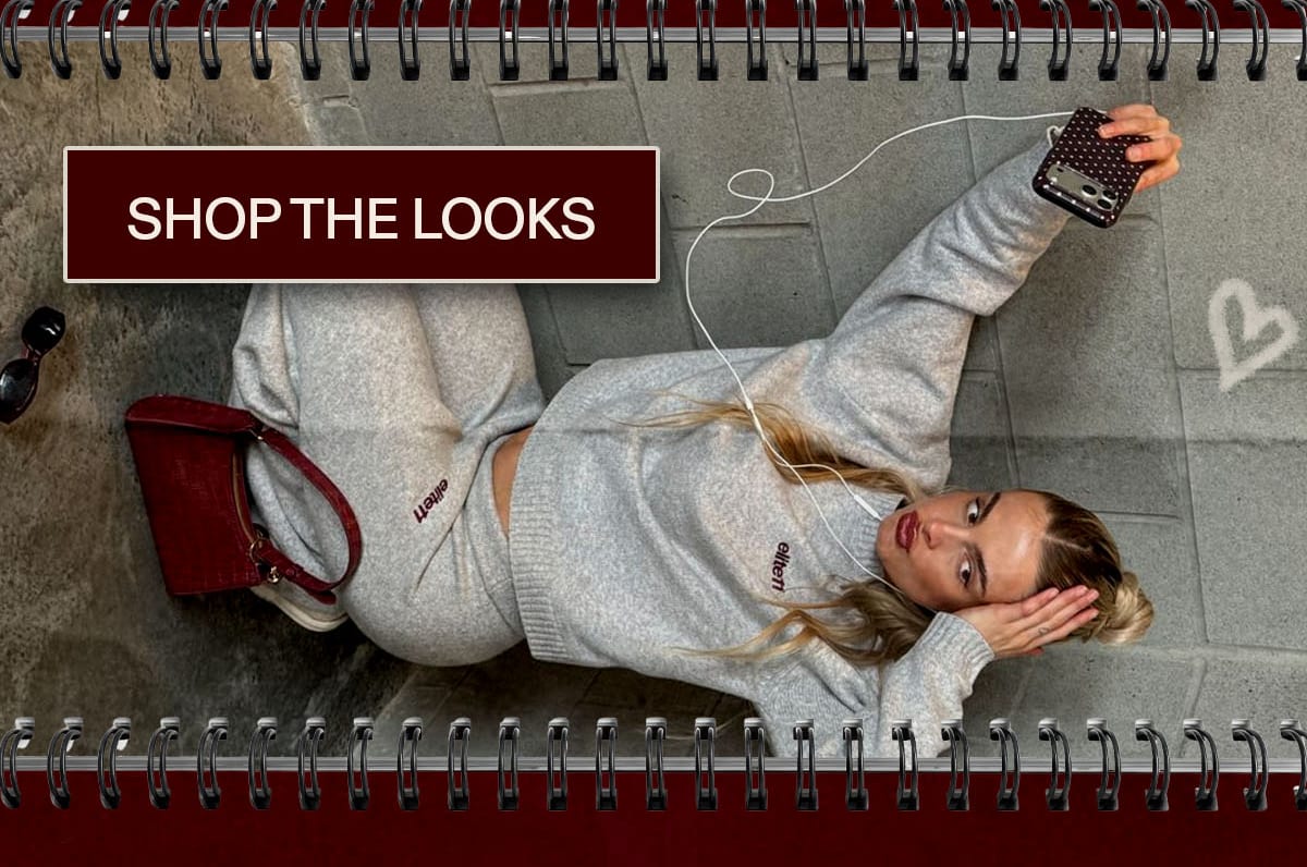 Woman in grey loungewear holding a phone, with “Shop the Looks” button.