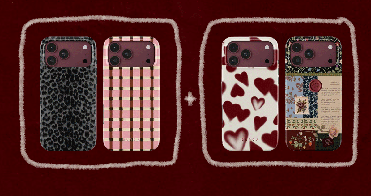 Four phone cases displayed in two pairs, separated by a plus sign.