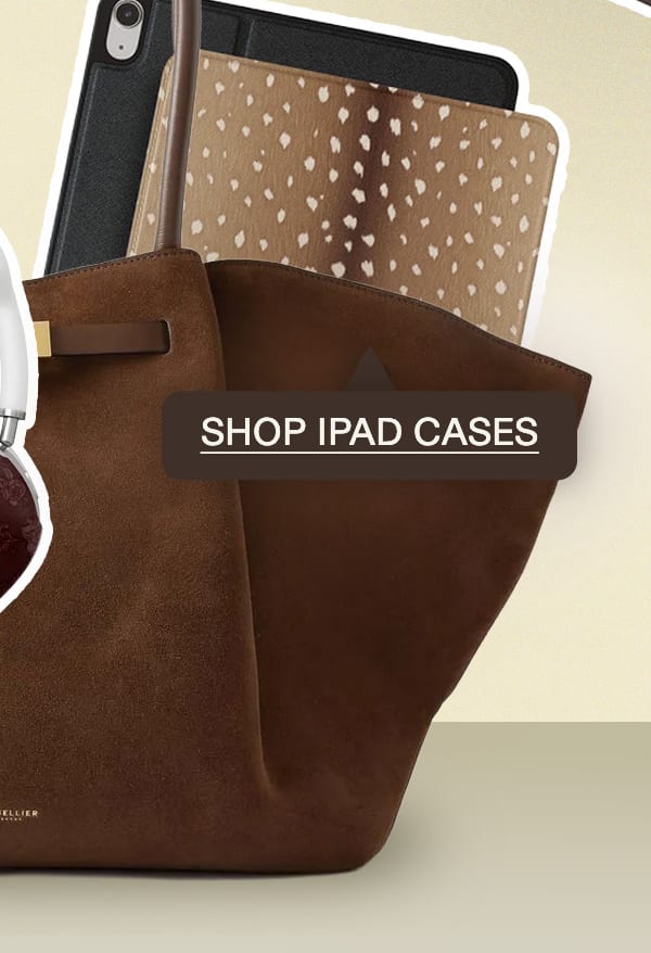 Shop callouts for Kindle, iPad and AirPods cases beside a large brown tote. (right)