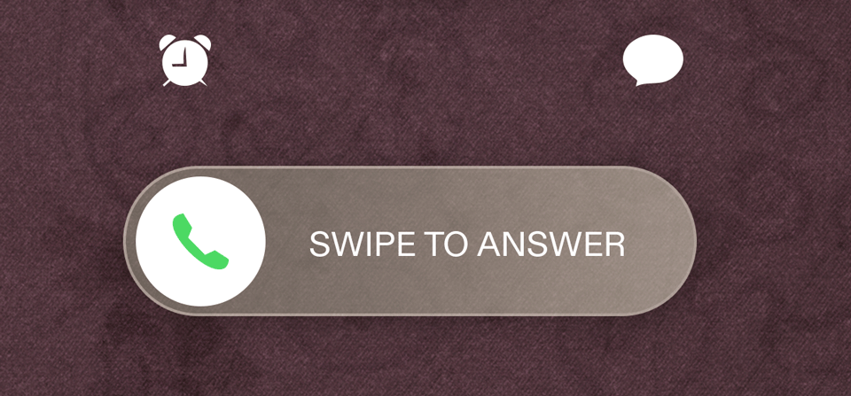 Phone call interface graphic with alarm and speech icons, plus “SWIPE TO ANSWER” button.