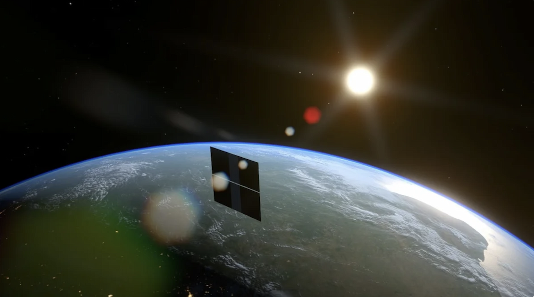 A flat panel floating above Earth in space, facing the Sun