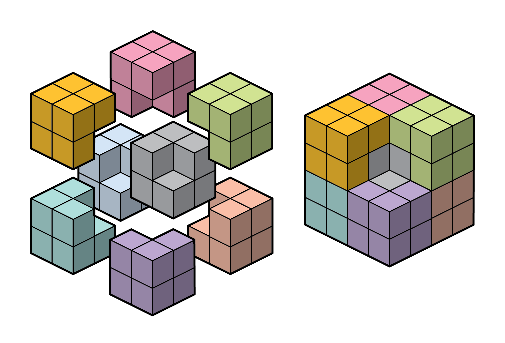 Colored cube clusters shown separately and assembled into a larger hollow cube.