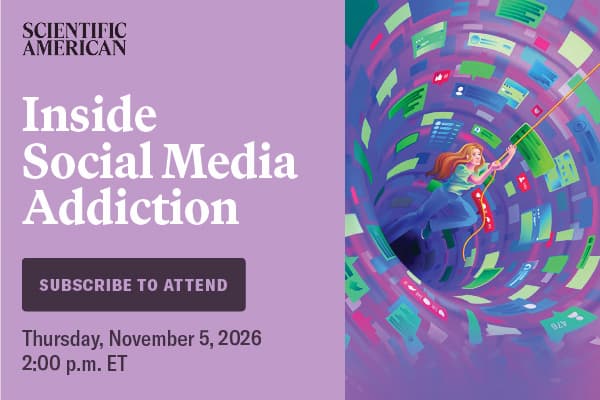 Illustration of a person being pulled into a swirling tunnel of colorful social media posts and app icons, promoting a webinar on social media addiction.