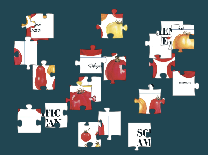 Black, white, red and orange puzzle pieces on a slate background.