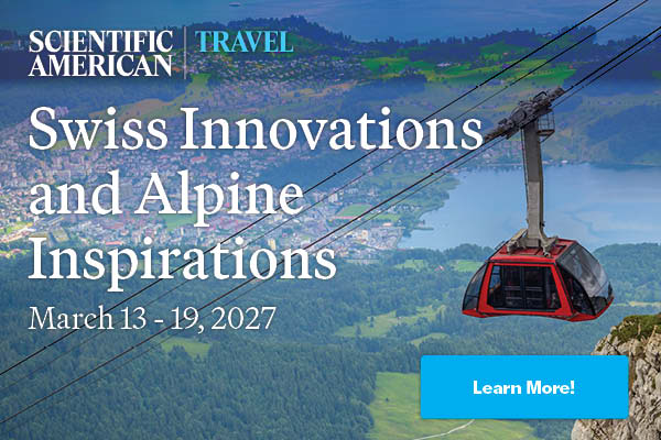 Scientific American Travel promotion for a Switzerland trip, featuring a red cable car above alpine mountains and a lake.