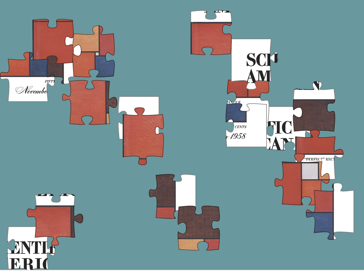 Orange, white and brown puzzle pieces on a teal background.