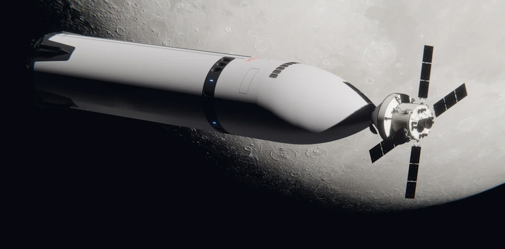 An illustration of a tube-shaped spacecraft docking on a satellite-shaped craft next to the moon