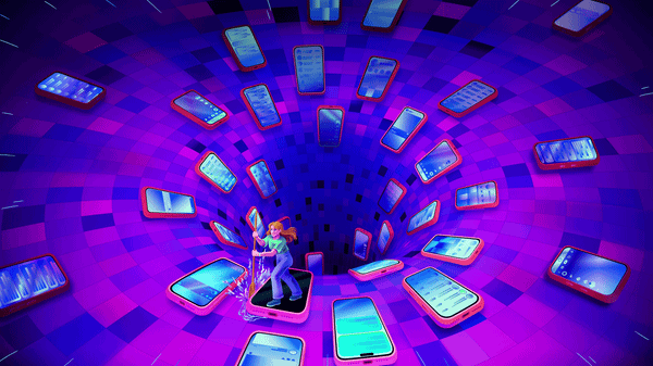 Animated illustration of a woman standing on a cell phone, paddling away from falling into a pit.