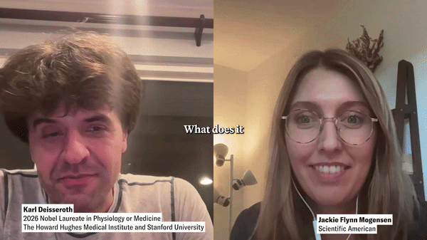 GIF of a video interview with Karl Deisseroth and Jackie Flynn Mogensen
