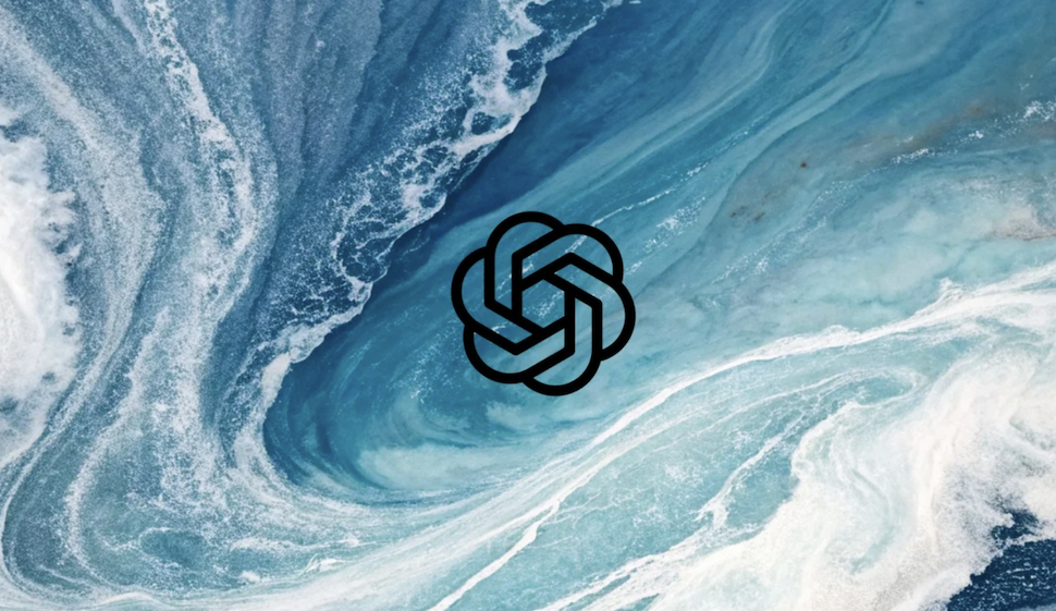 A composite image showing an illustration of ocean water underneath the OpenAI logo