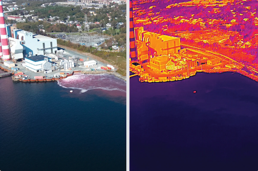 Split image showing a coastal power plant beside dark water at left and a false-color thermal view at right, revealing heat patterns and a warm water plume extending into the surrounding water.