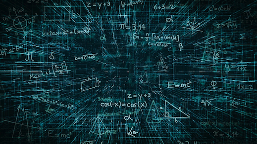 An abstract illustration of math equations and geometric shapes, flying in an emerald cloud