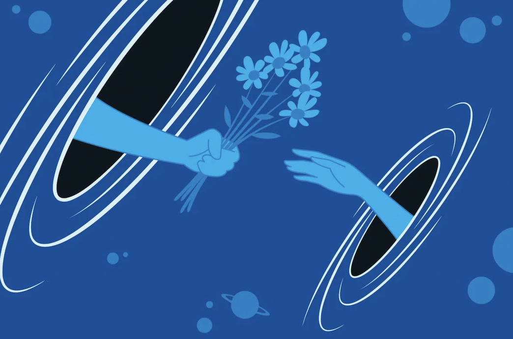 An illustration of two hands coming from black holes reaching out to one another