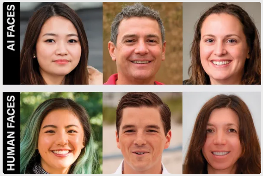 Three faces generated by AI and three human faces, shown in a grid.