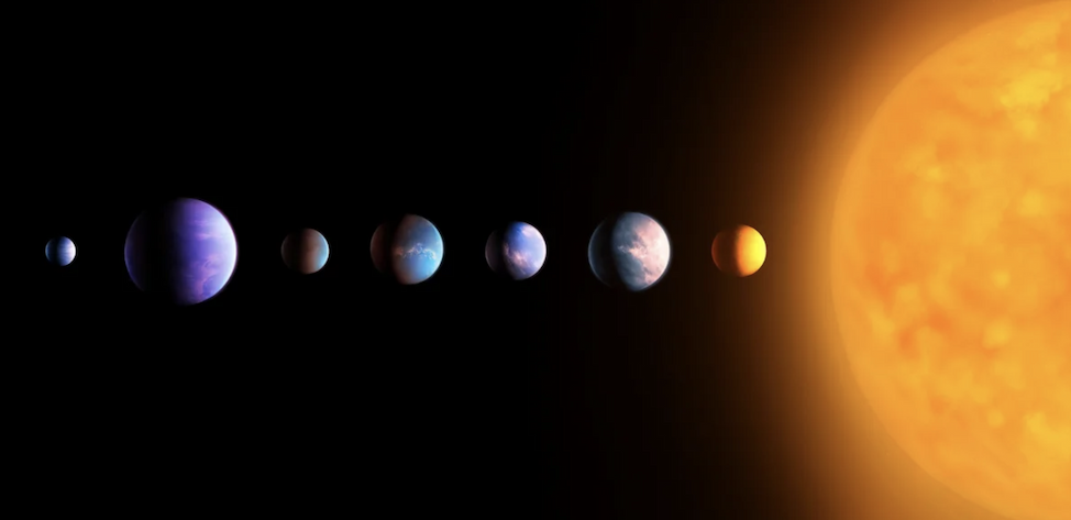 A conceptual image of 7 planets next to the sun