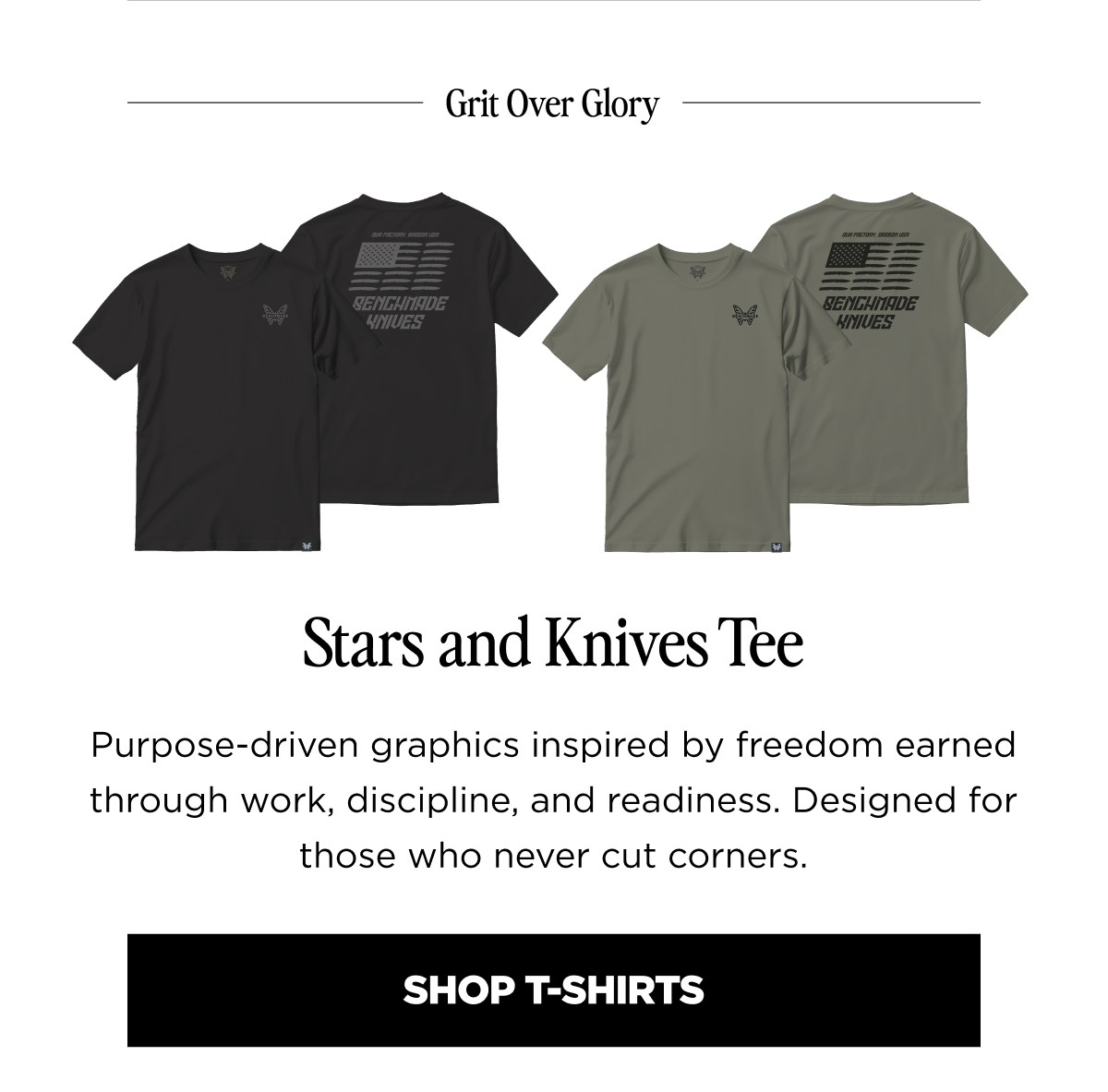 Stars and Knives Tee Purpose-driven graphics inspired by freedom earned through work, discipline, and readiness.