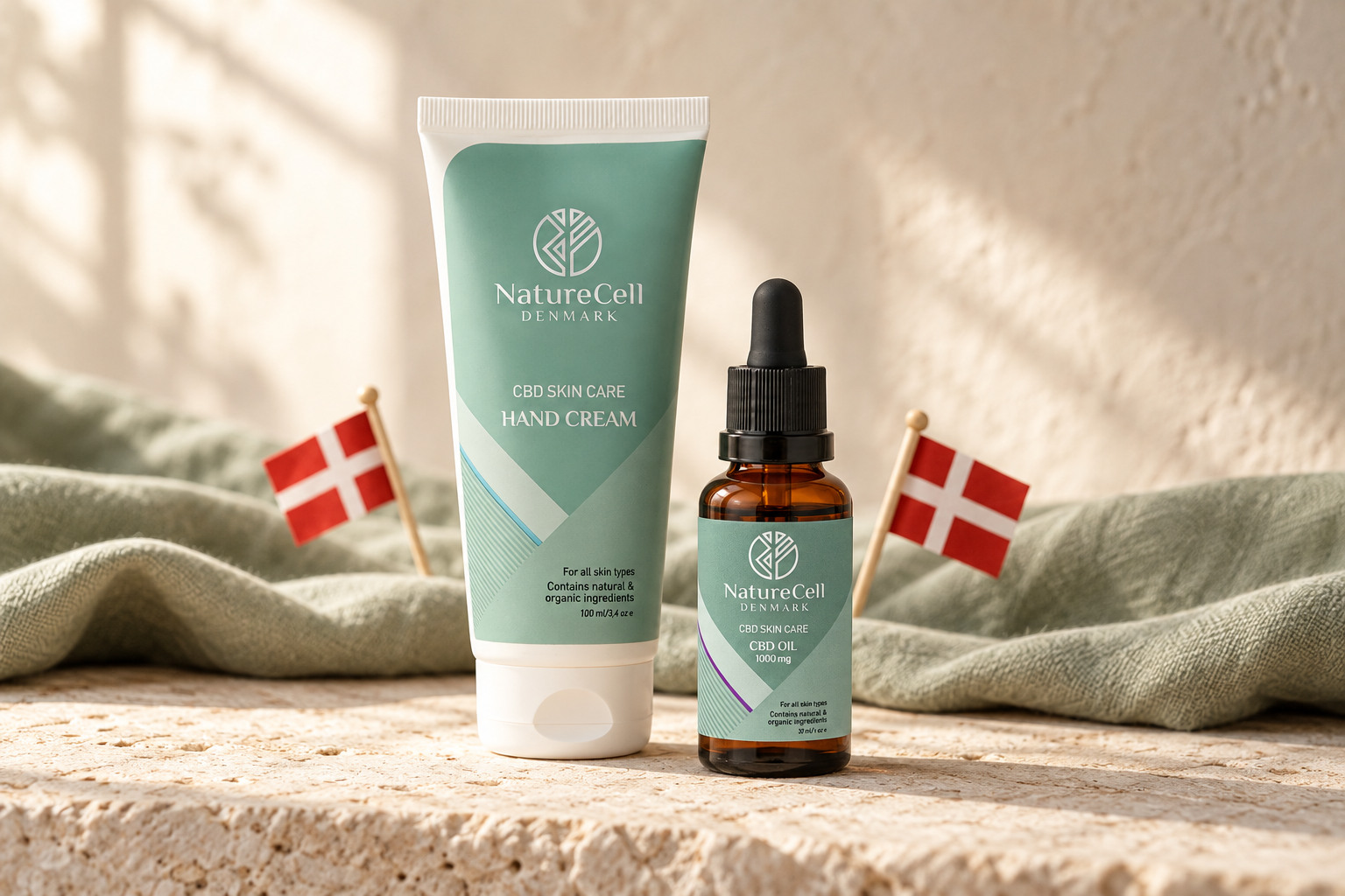 NatureCell håndcreme og hudplejeolie med to små danske flag