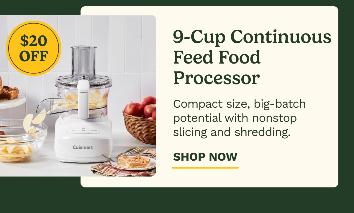 $20 OFF 9-Cup Continuous Feed Food Processor | Compact size, big-batch potential with nonstop slicing and shredding. | SHOP NOW