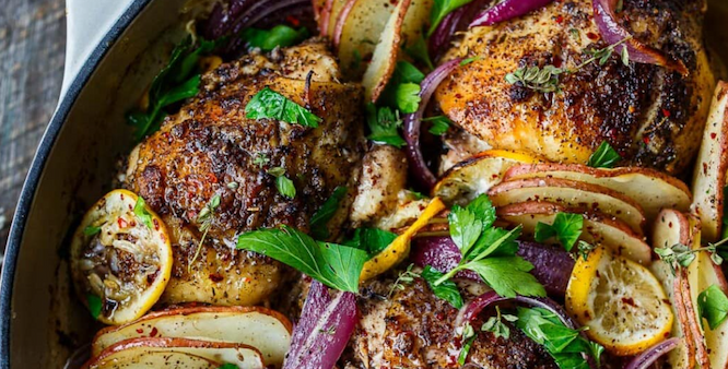 Sumac chicken with roasted potatoes and onions