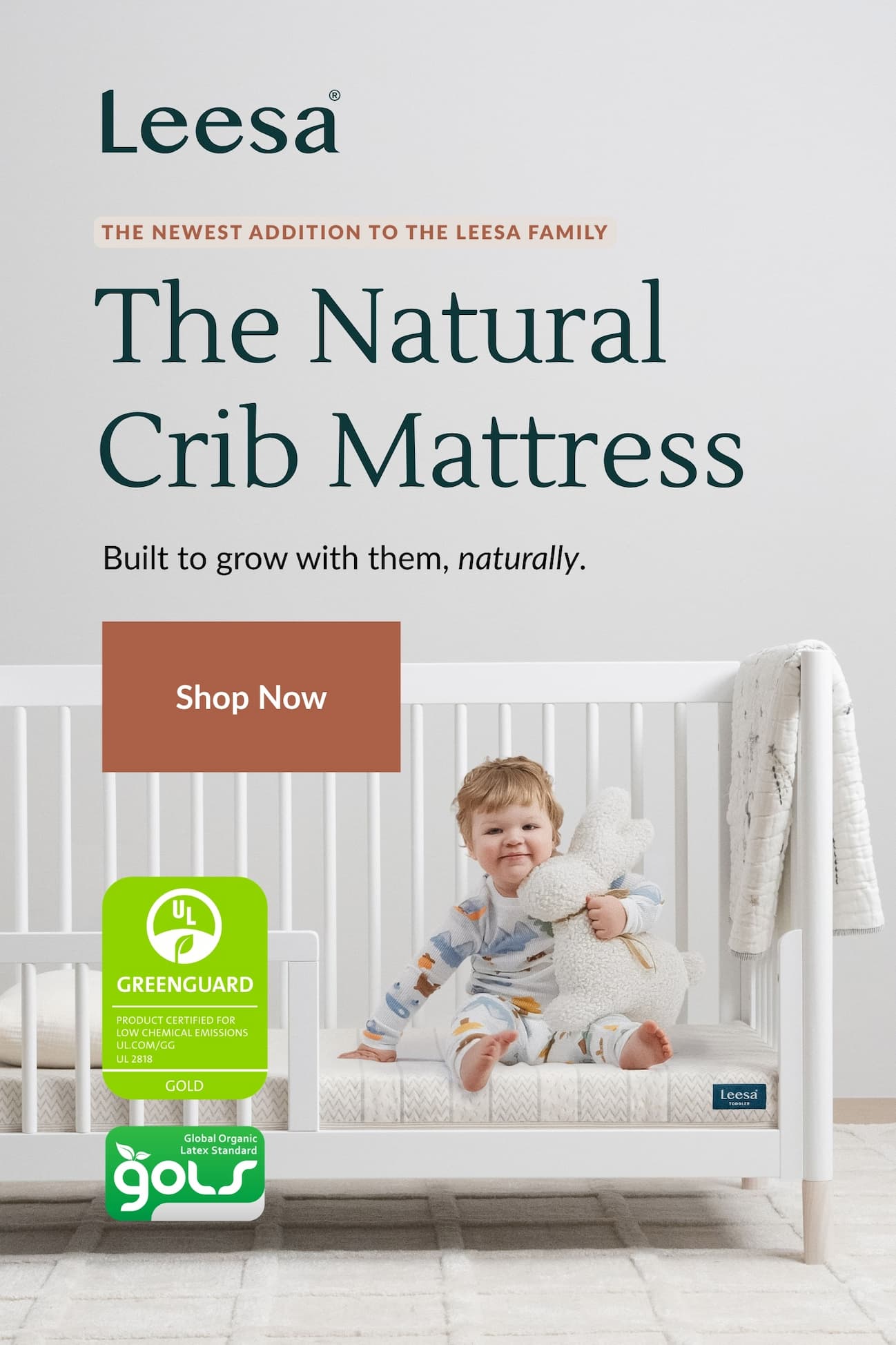 Image of a toddler on Leesa® Natural Crib Mattress