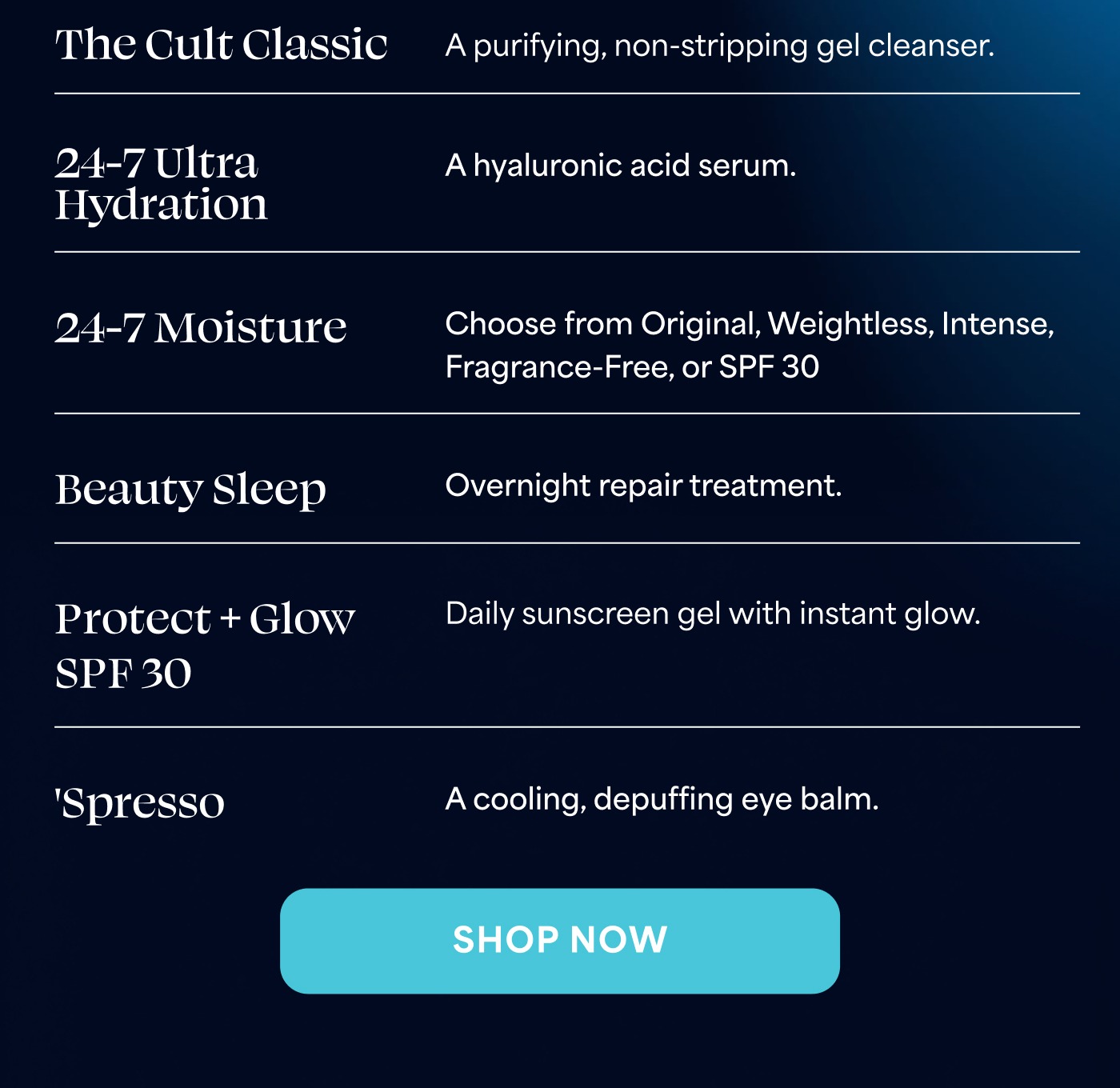 The Cult Classic A purifying, non-stripping gel cleanser. 24-7 Ultra Hydration A hyaluronic acid serum. 24-7 Moisture Choose from Original, Weightless, Intense, Fragrance-Free, or SPF 30 Beauty Sleep Overnight repair treatment. Protect + Glow SPF 30 Daily sunscreen gel with instant glow. 'Spresso A cooling, depuffing eye balm. SHOP NOW