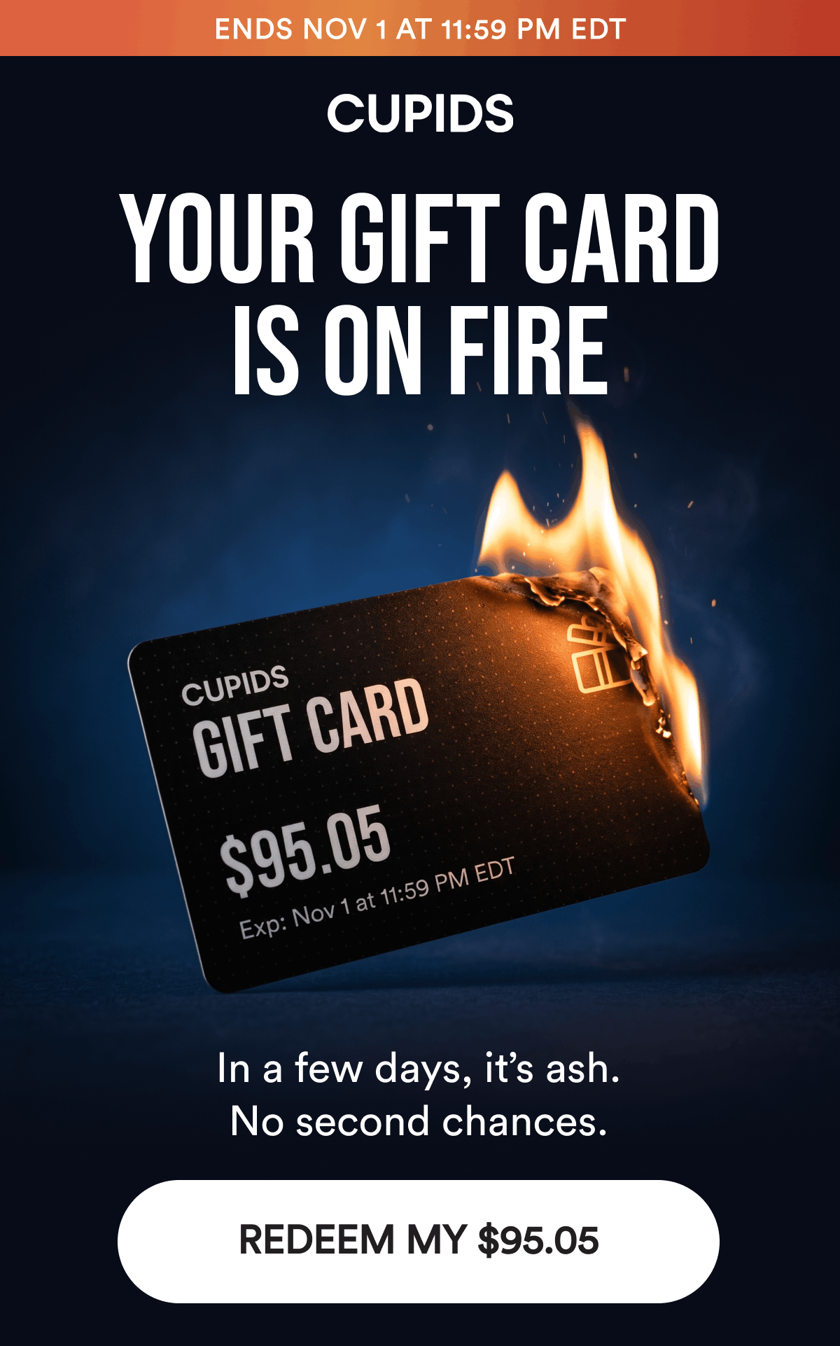 Ends Nov 1 at 11:59 PM EDT. Your Gift Card Is On Fire. $95.05 GIFT CARD.  In a few days, it’s ash. No second chances. REDEEM MY $95.05.