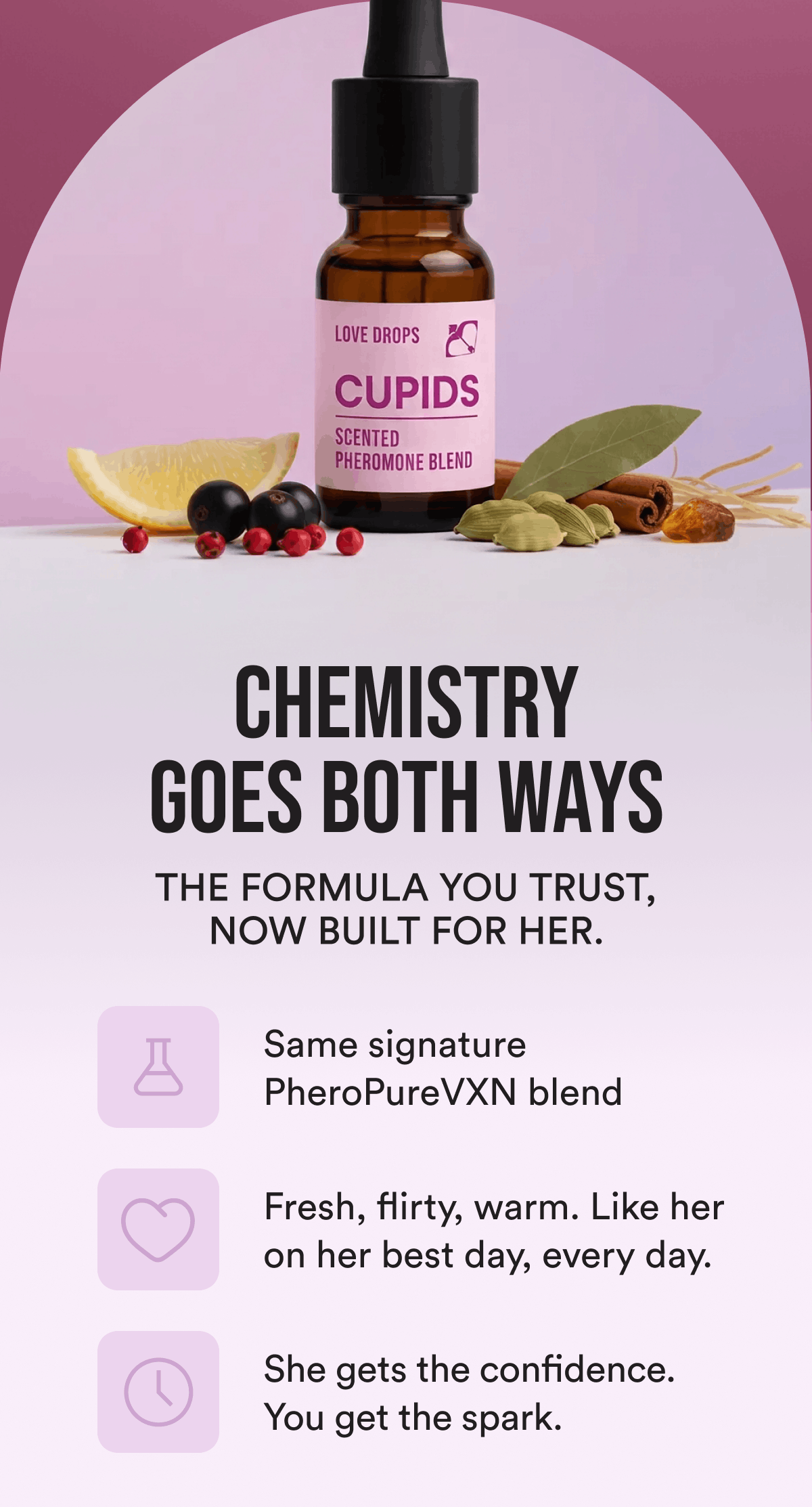 Chemistry Goes Both Ways. The formula you trust, now built for her. Same signature PheroPureVXN blend. Fresh, flirty, warm. Like her on her best day, every day. She gets the confidence. You get the spark.
