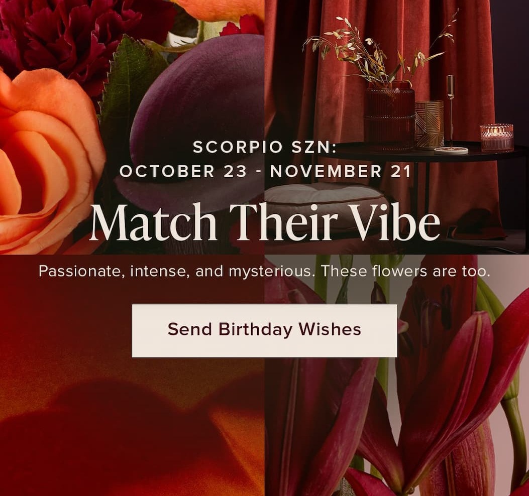 Scorpio Szn: October 23-November 21. Match Their Vibe. Passionate, intense, and mysterious. These flowers are too. Send Birthday Wishes. 