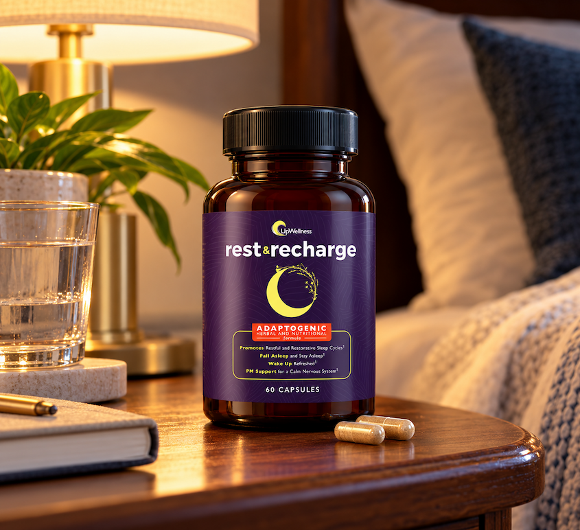 A bottle of Rest & Recharge on a nightstand