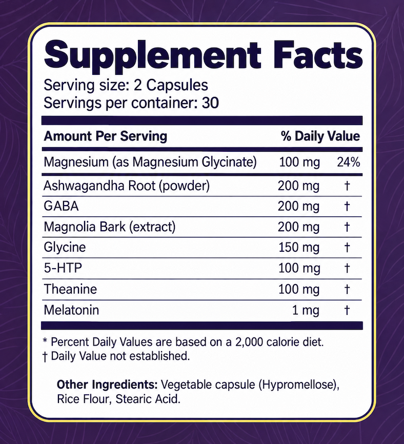Rest & Recharge Supplement Facts label