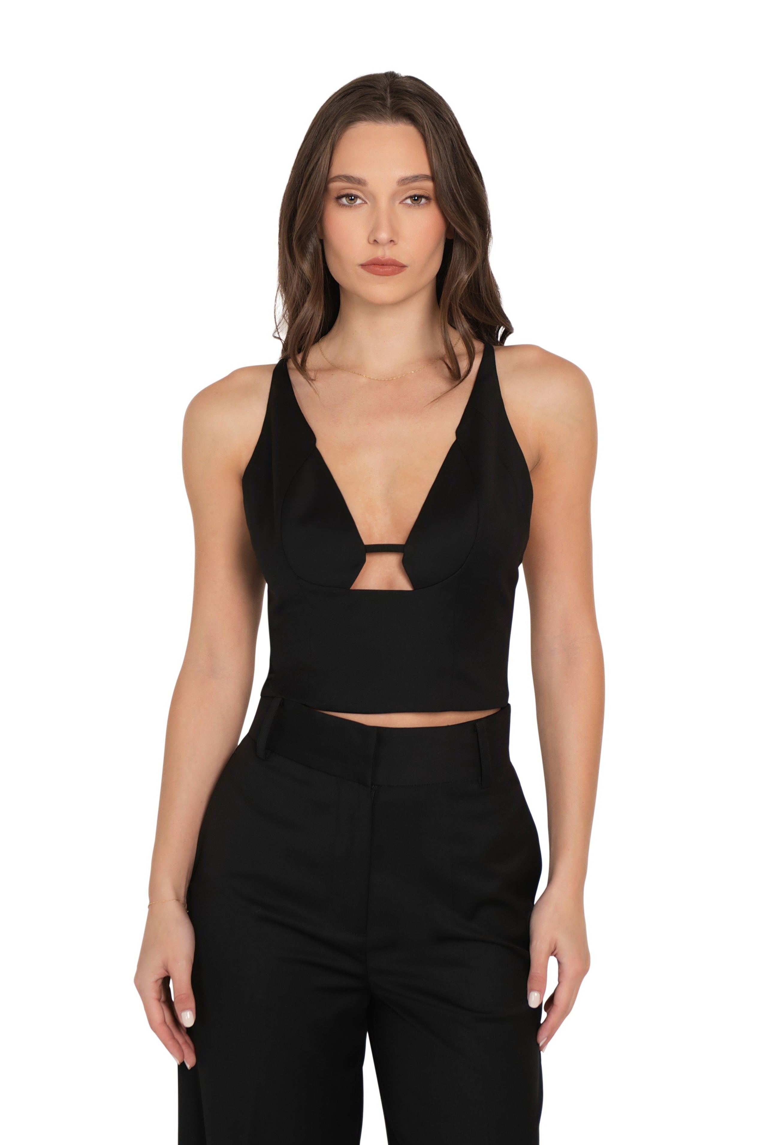 Model wearing the black Remi Cut Out Top