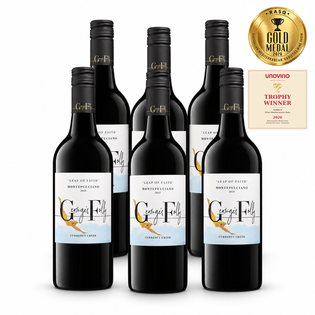 George&rsquo;s Folly Leap of Faith Montepulciano 2025 six-pack, with Gold Medal and Trophy Winner awards