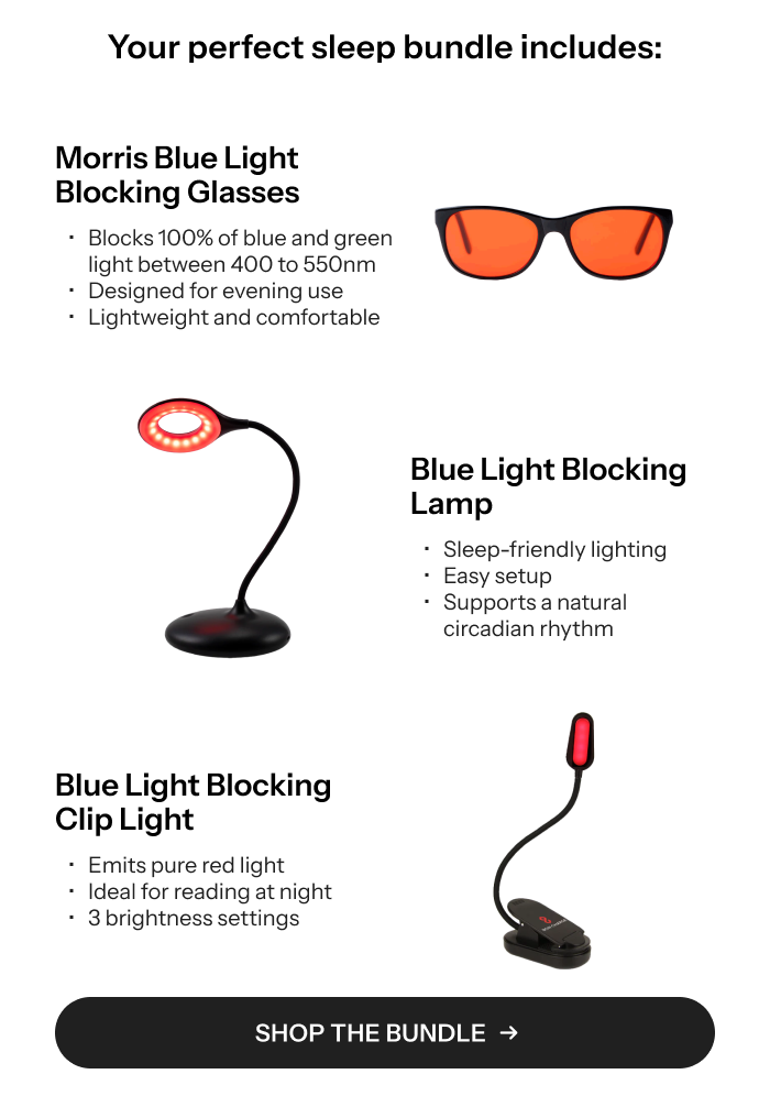 Includes Morris Blue Light Blocking Glasses, Blue Light Blocking Lamp & Blue Light Blocking Clip Light