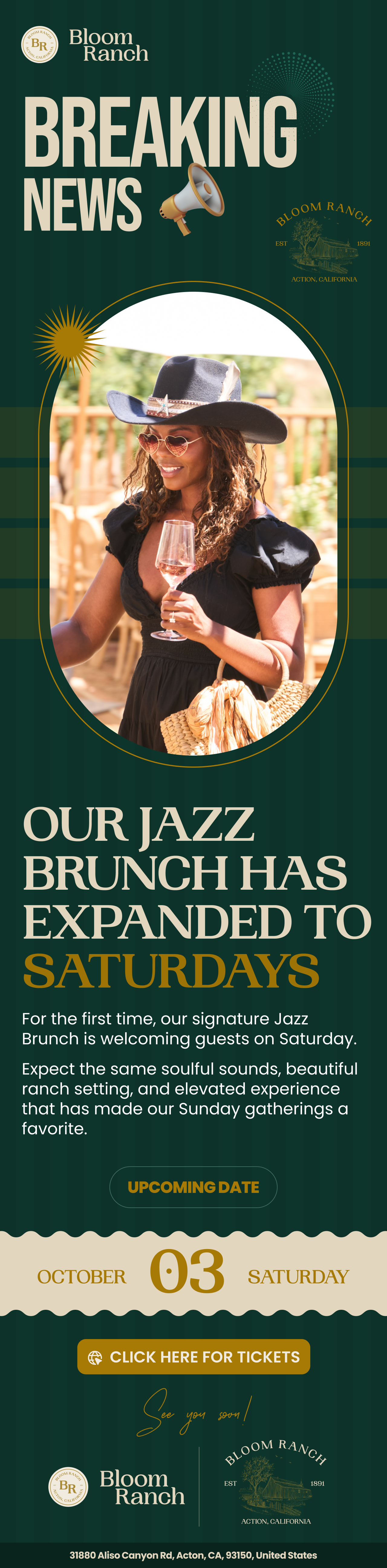 Promotional flyer for Jazz Brunch Event at Bloom Ranch.