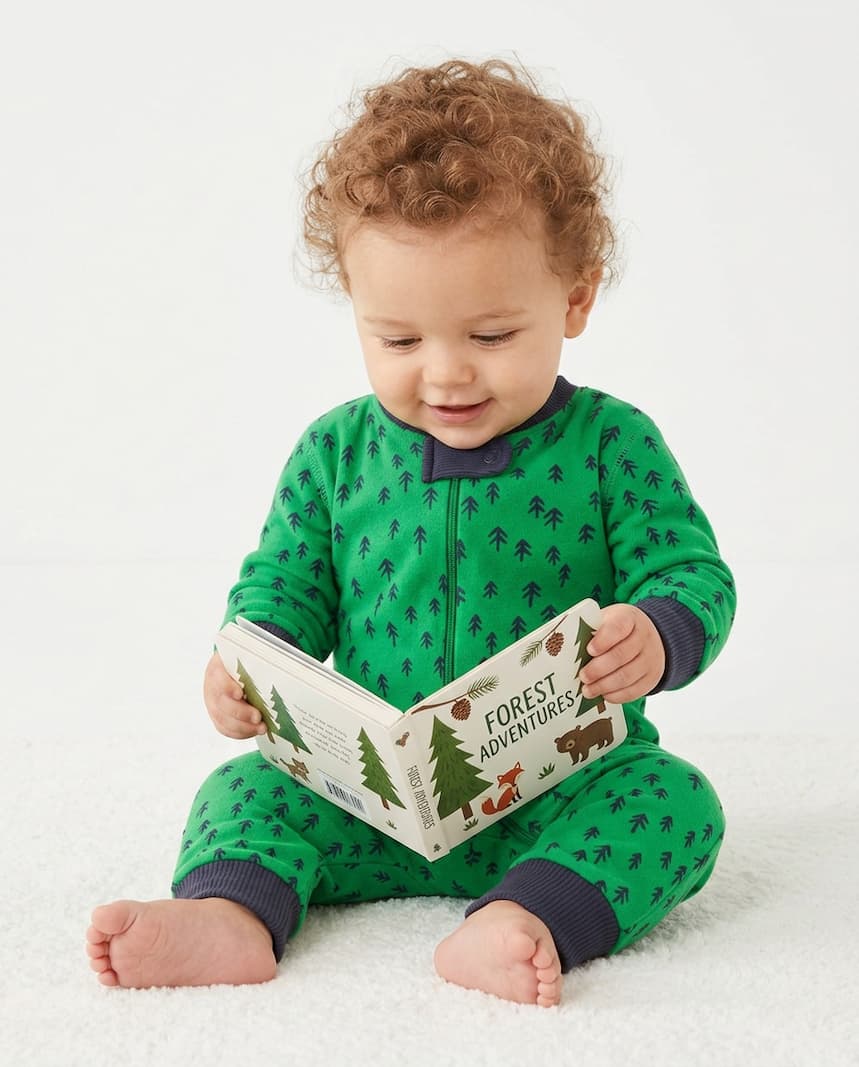 A baby in a green tree-print onesie crawls on a white background.