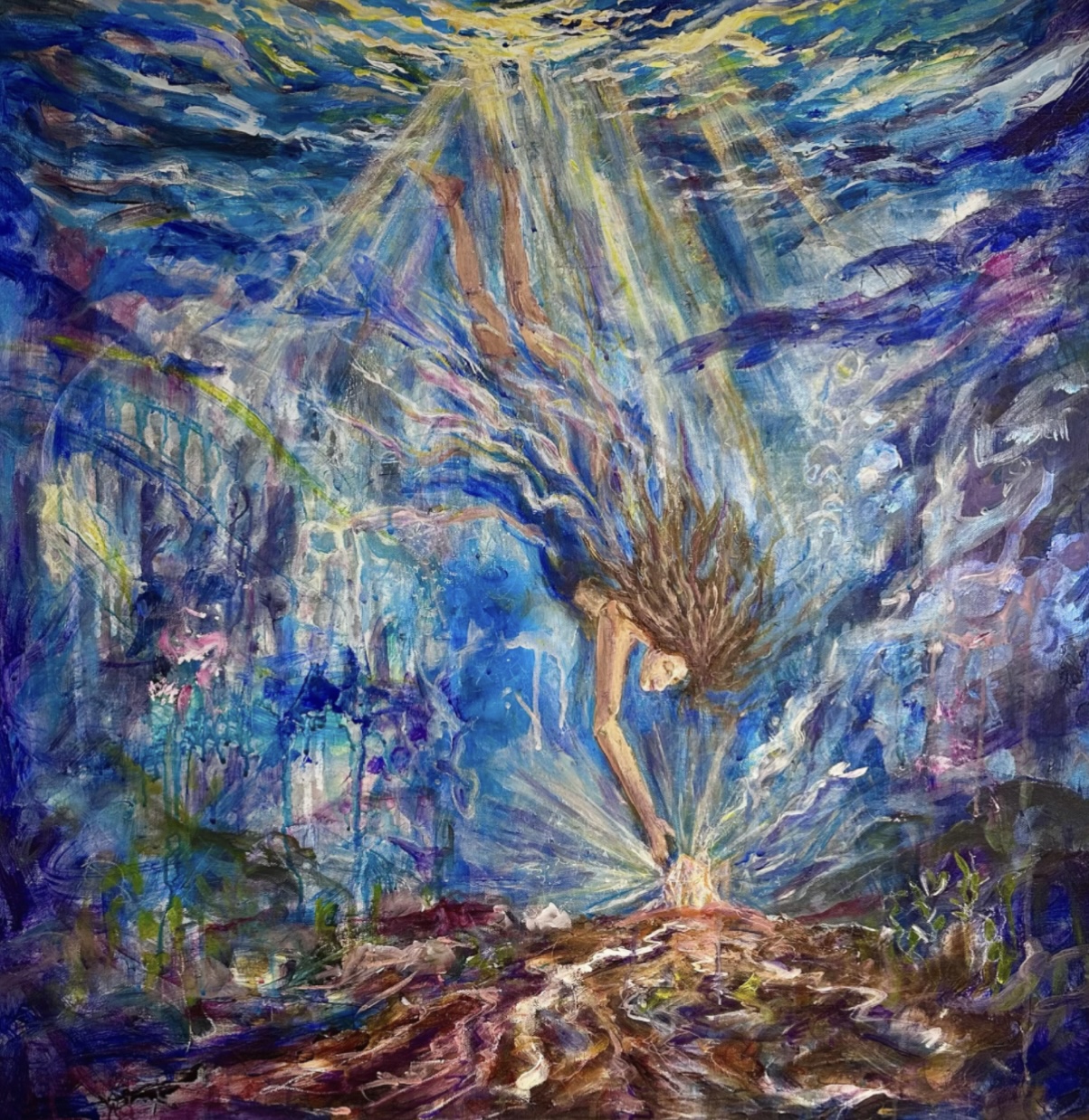 From the Depths, an acrylic painting by Avigail Sapir of a woman diving through rays of light to a glowing gem on the ocean floor