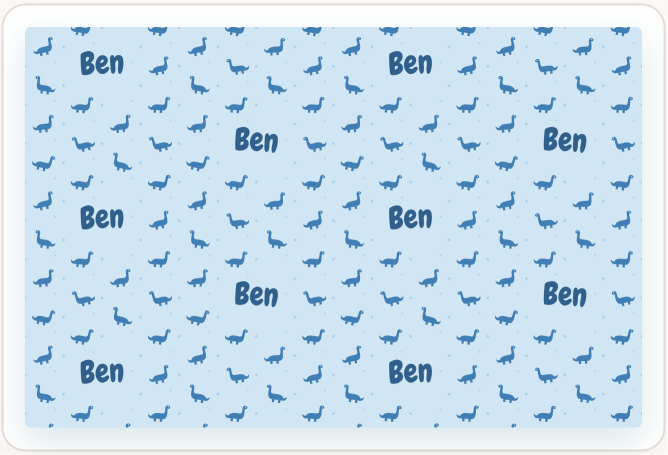A name blanket design: blue dinosaurs with the name Ben printed into the fabric