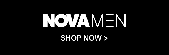 Bold white NovaMen logo and Shop Now call to action centered on a black background, directing shoppers to browse the men's fashion collection.
