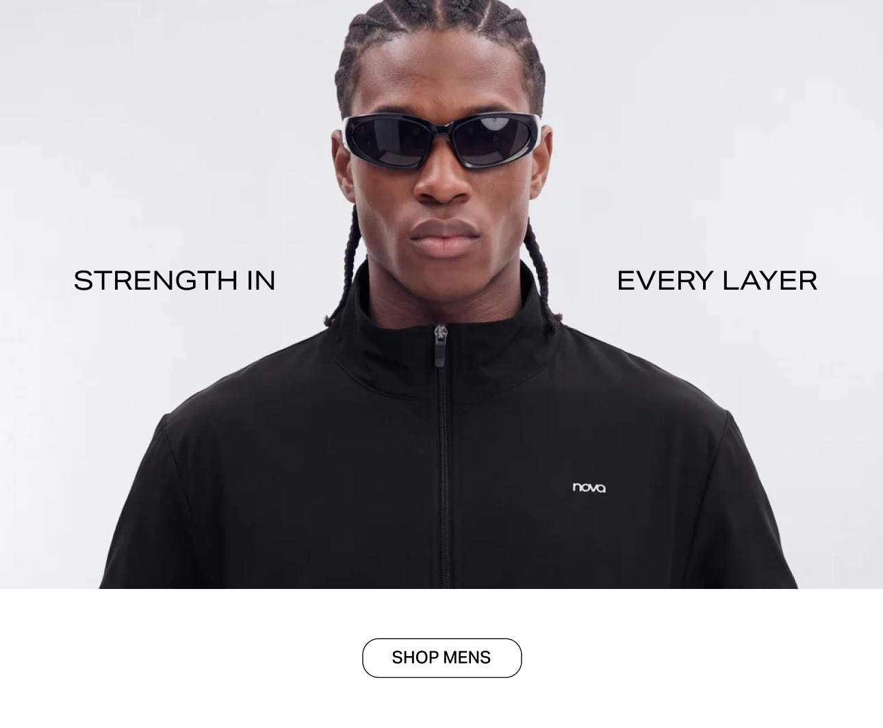 Man wearing a black Nova zip-up jacket and dark sunglasses promoting men's activewear collection banner with text Strength in Every Layer.