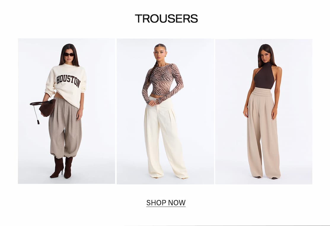 Shop women's trousers featuring stylish models in neutral wide-leg beige pants, off-white trousers, and taupe pants with a Shop Now banner.