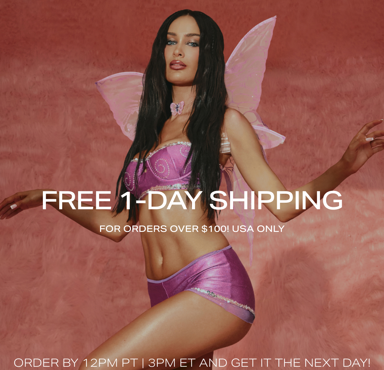 Woman in a sparkly purple fairy costume with sheer wings promoting free 1-day shipping over $100 on festival and rave apparel.
