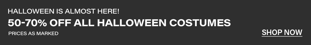 Dark charcoal promotional banner featuring bold white text: "Halloween is almost here! 50-70% off all Halloween costumes. Shop now."