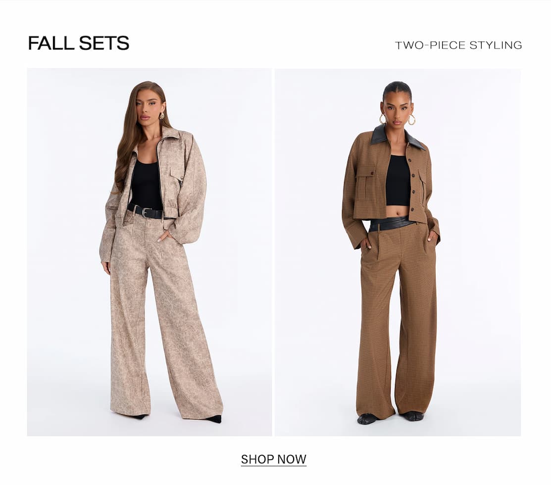 Models wearing chic fall two-piece sets in beige pattern and brown houndstooth, highlighting trendy autumn wardrobe collection choices.