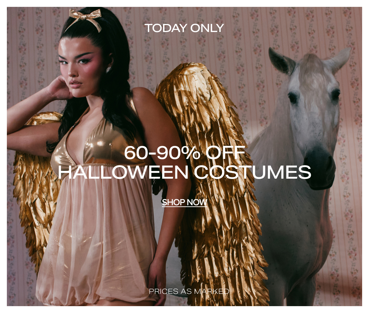 Model wearing a gold angel costume with large wings poses next to a white horse for a Today Only 60-90% off Halloween costumes sale.