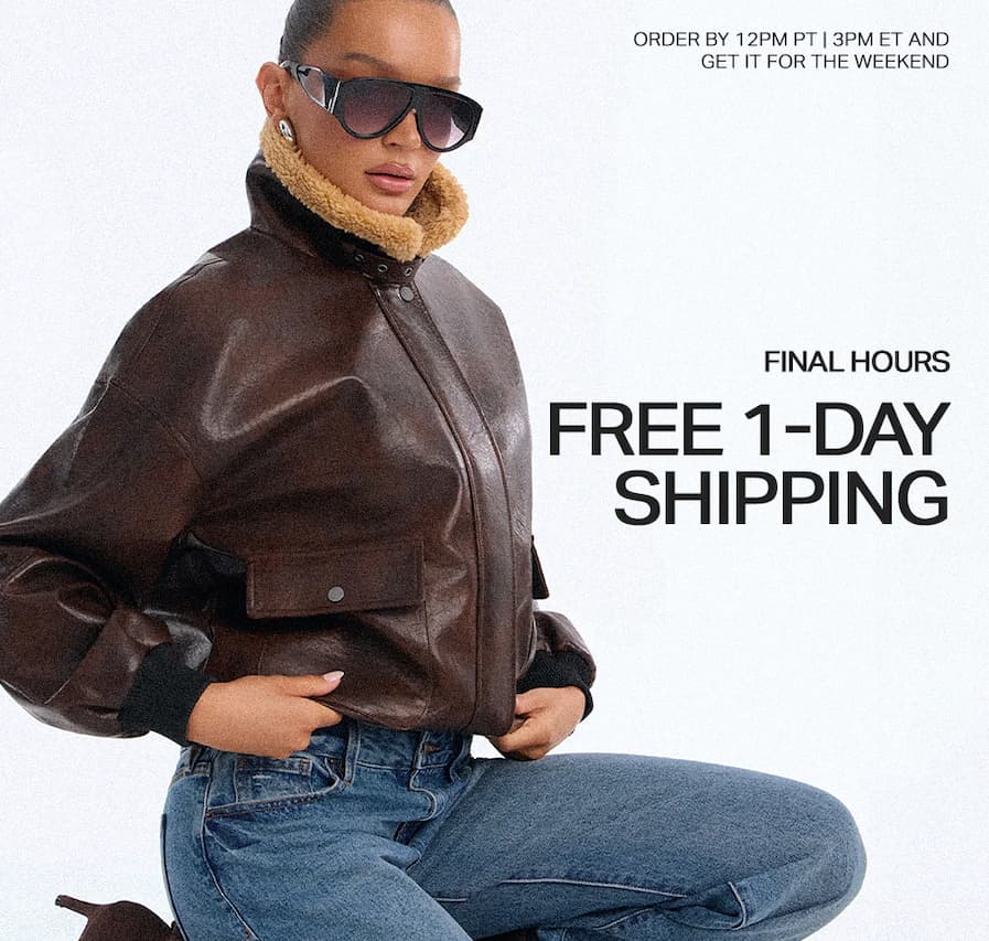 Woman in a stylish brown leather bomber jacket, tan collar, blue jeans, and sunglasses, promoting free 1-day shipping for weekend delivery.