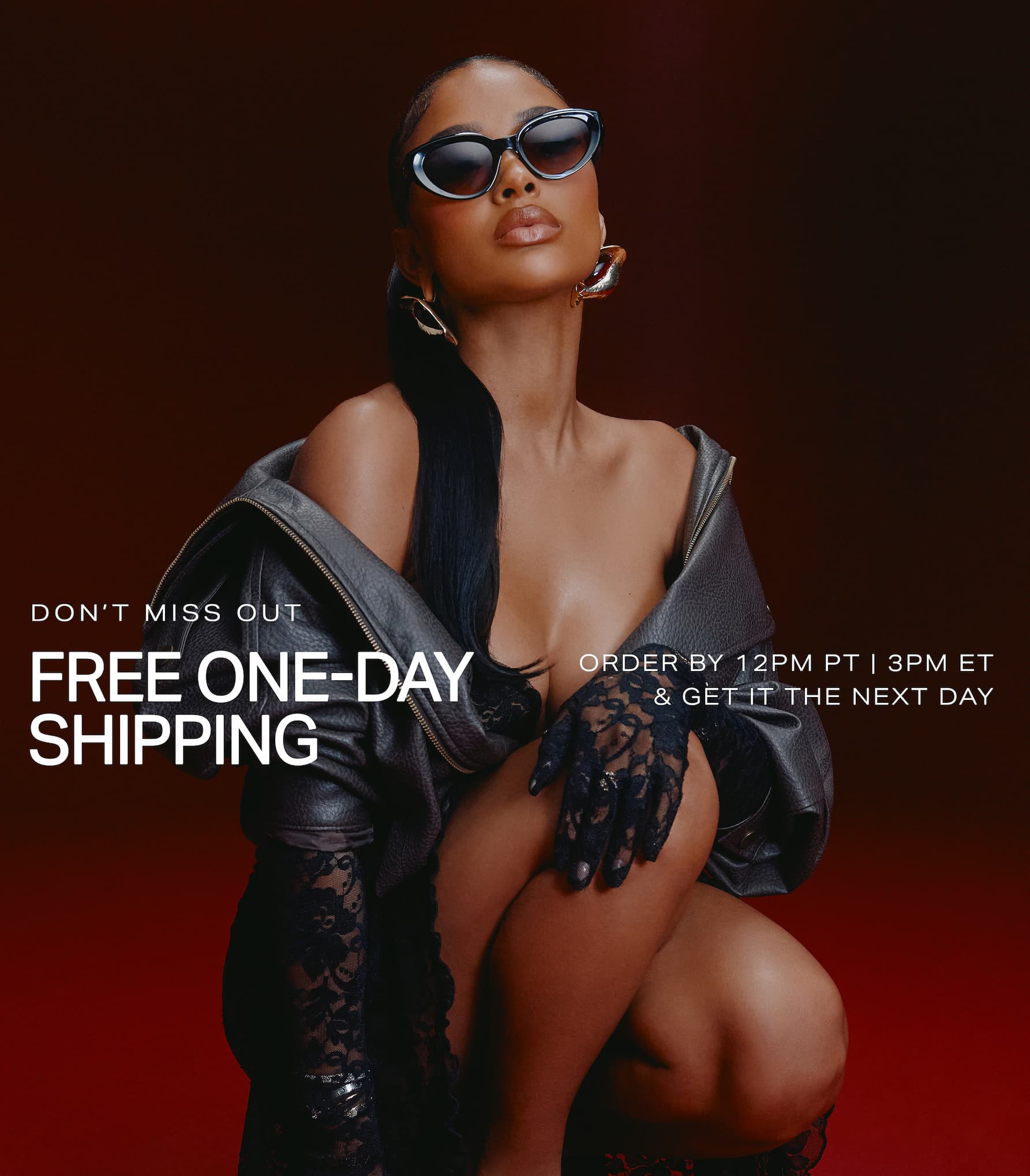 Confident woman in black leather jacket, lace gloves, and chic sunglasses, promoting free one-day shipping for stylish fashion delivery.