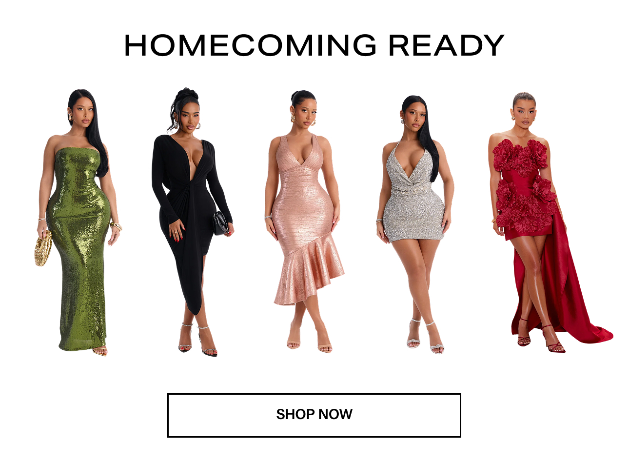 Five models showcase glamorous homecoming dresses in green, black, rose gold, silver, and red for a Homecoming Ready collection shop banner.