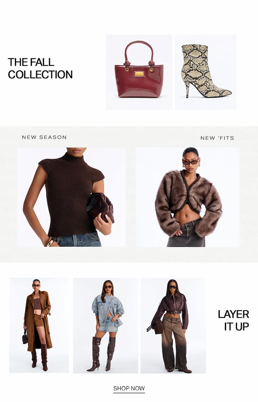 New Fall Collection features models in stylish brown, maroon, and denim outfits. Showcasing chic accessories, jackets, and boots, promoting fall fashion and layering. Shop now.