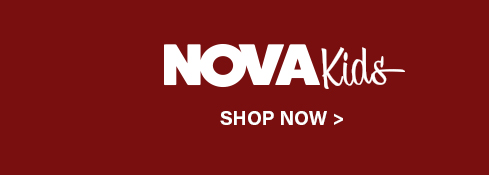 White Nova Kids logo with Shop Now text on a dark red background linking to the online store for trendy kids fashion and clothing.